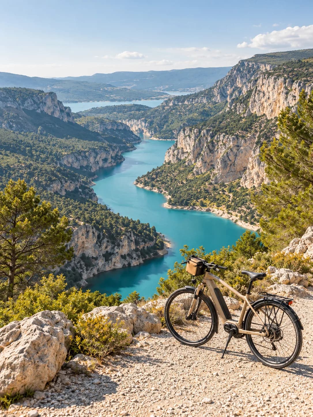 Un vélo de randonnée au bord d’une route, face aux falaises et aux eaux turquoise du Verdon. Visuel d’ambiance.